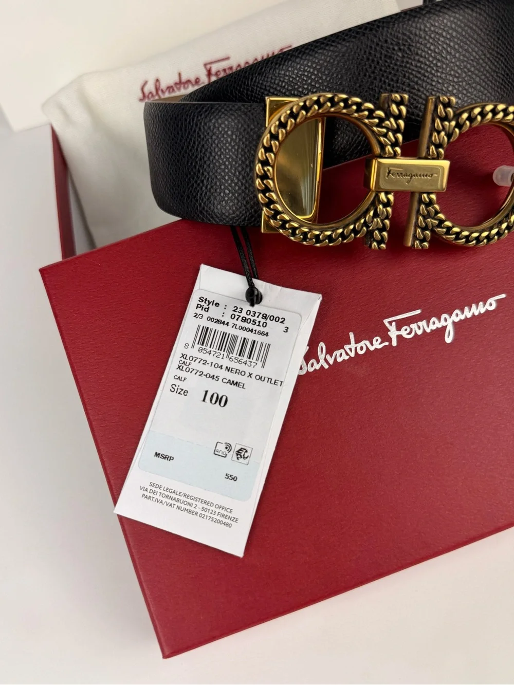 Ferragamo Gancini Reversible Belt 100 Black Camel Chain-Detail Buckle Cut-to-Fit